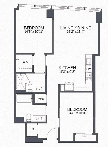 Floor plan for 2 beds, 2 baths, 963 sqft